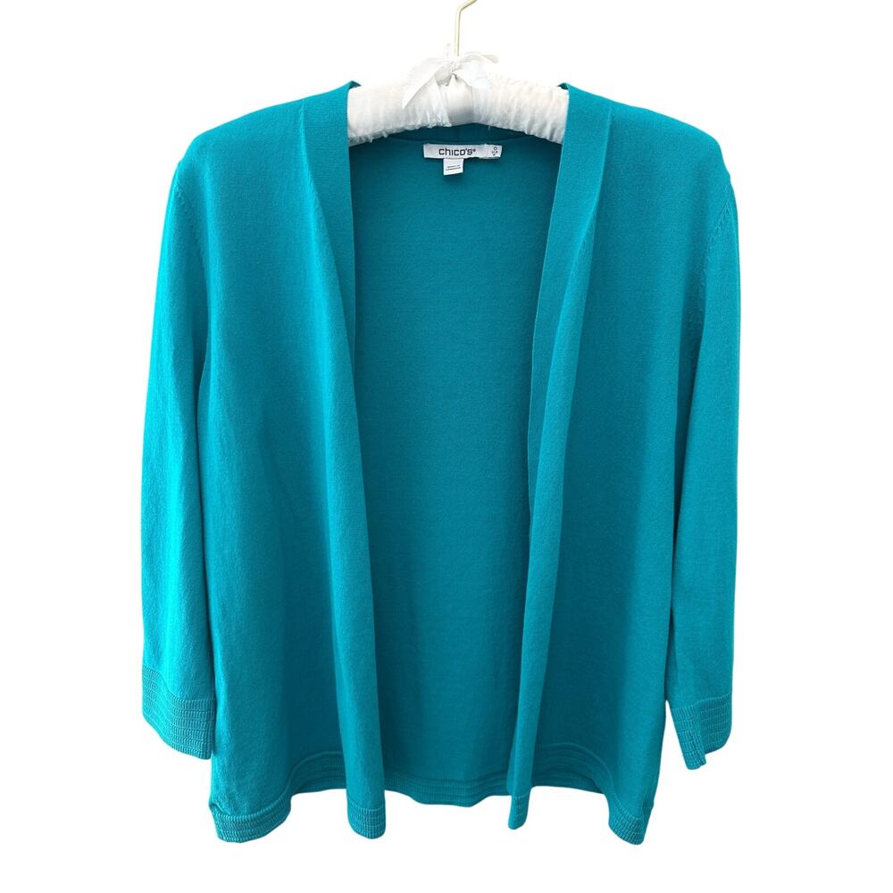 CHICO’S | Teal Blue Open Front Cardigan 3/4 Sleeve Knit | Size 0 Small